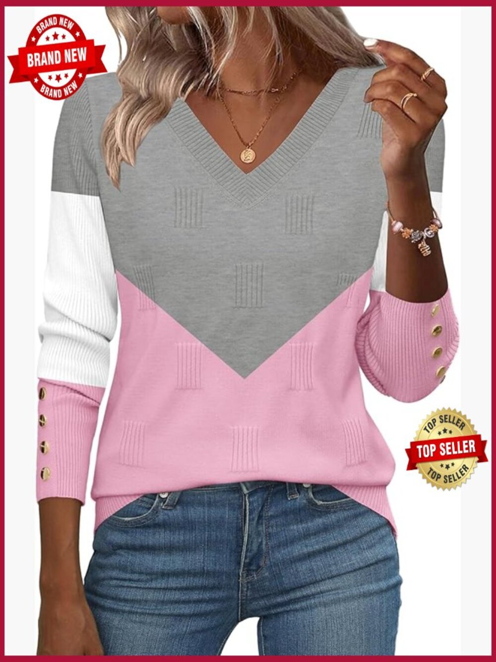V Neck Sweater Long Sleeve Lightweight Ribbed Knit Pullover with Buttons